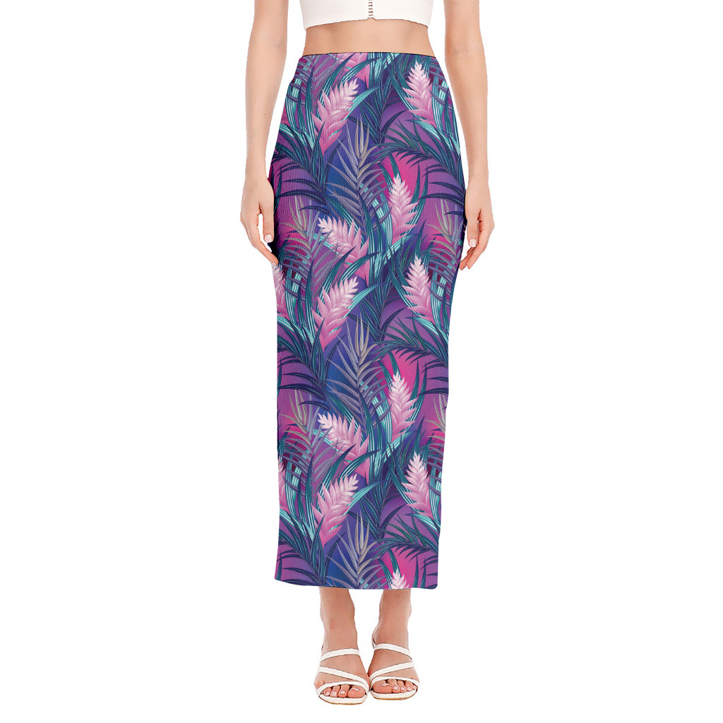 Teal And Pink Tropical Floral Print Side Slit Maxi Skirt