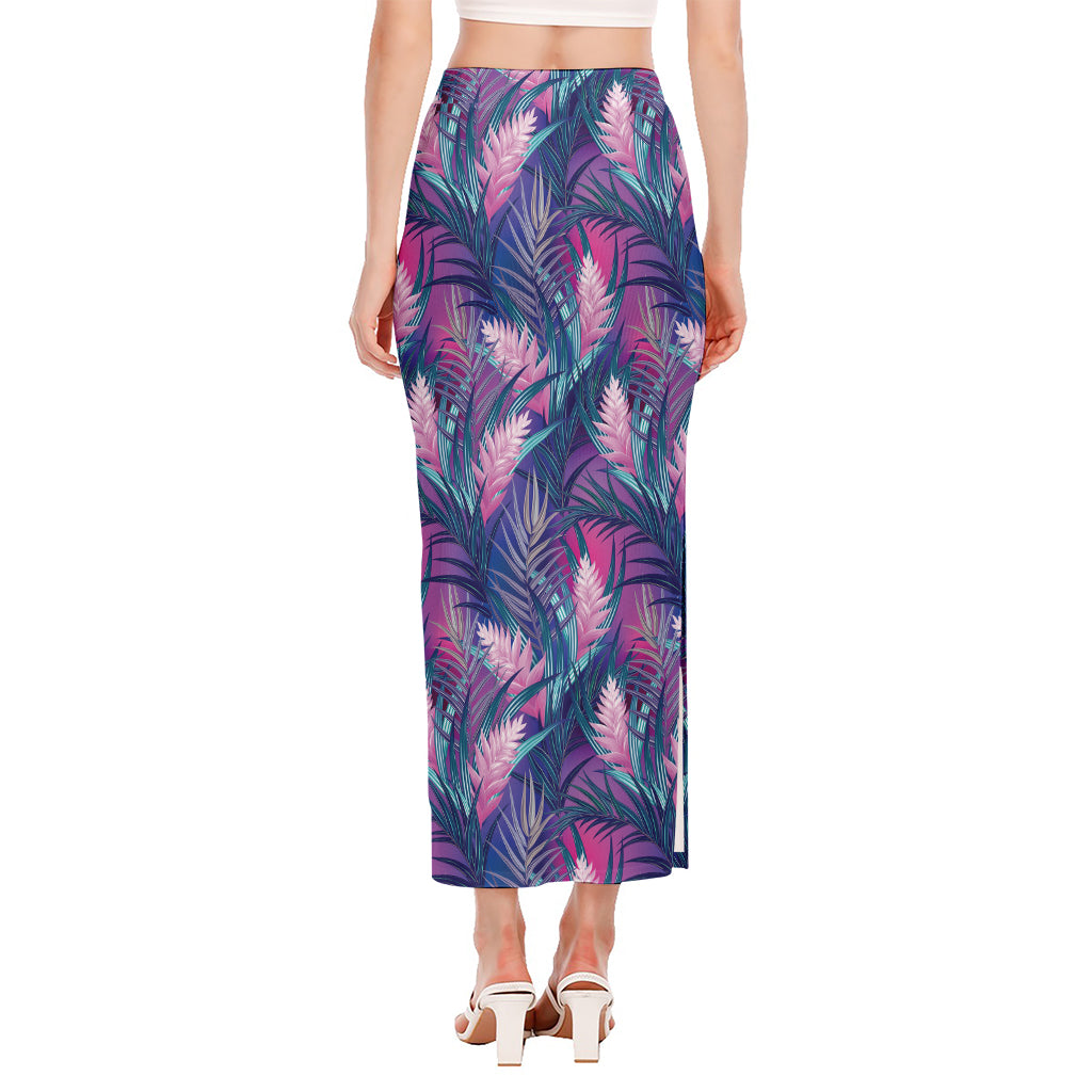 Teal And Pink Tropical Floral Print Side Slit Maxi Skirt
