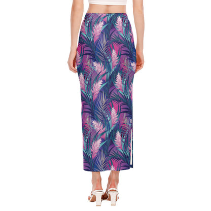 Teal And Pink Tropical Floral Print Side Slit Maxi Skirt