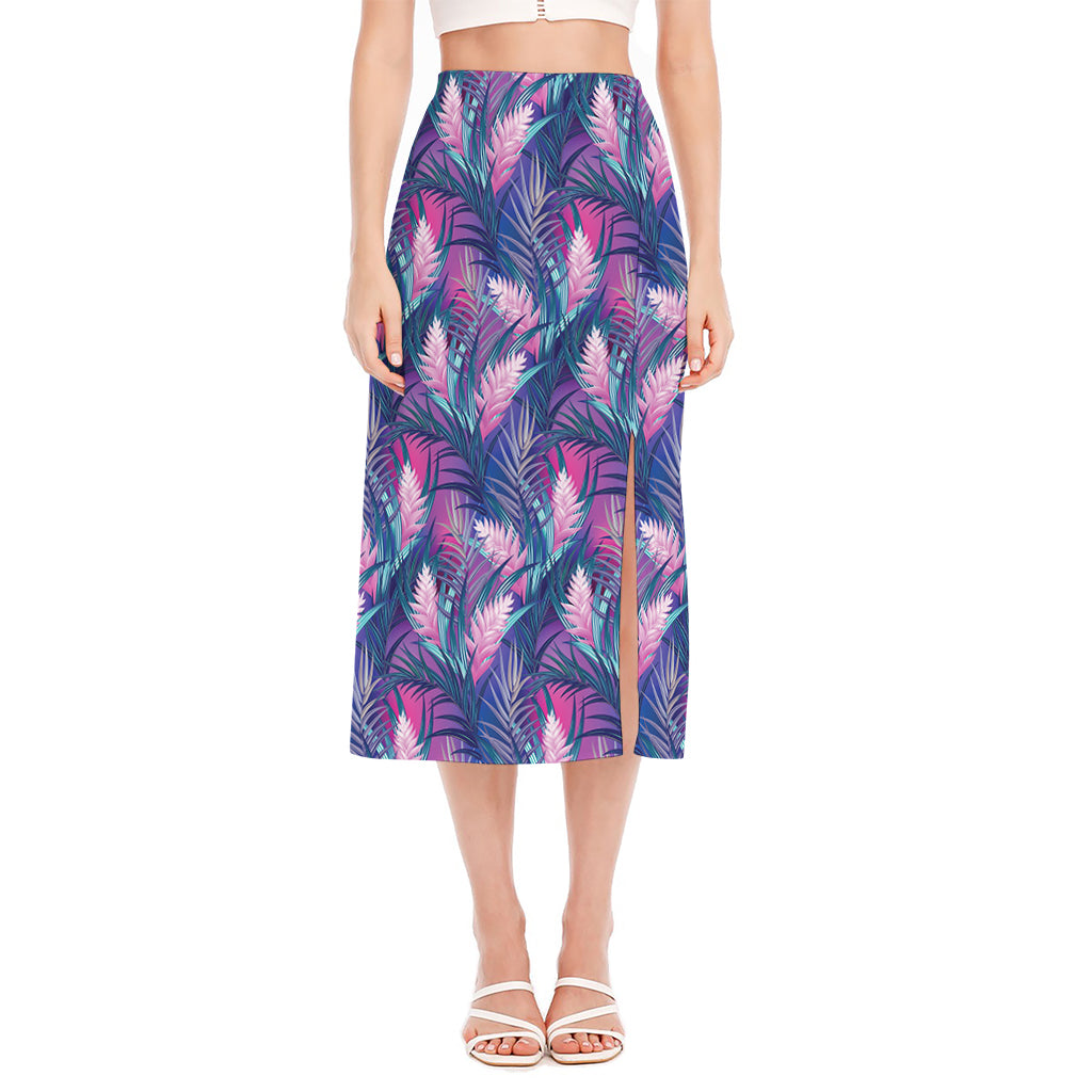 Teal And Pink Tropical Floral Print Side Slit Midi Skirt