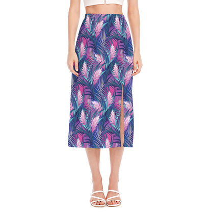Teal And Pink Tropical Floral Print Side Slit Midi Skirt