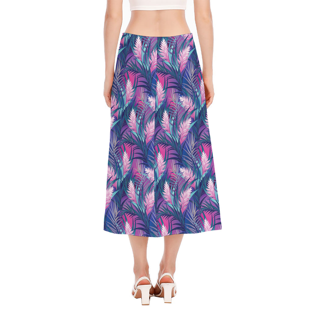 Teal And Pink Tropical Floral Print Side Slit Midi Skirt