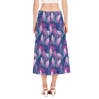 Teal And Pink Tropical Floral Print Side Slit Midi Skirt