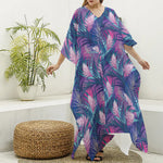 Teal And Pink Tropical Floral Print Silk V-Neck Kaftan Dress
