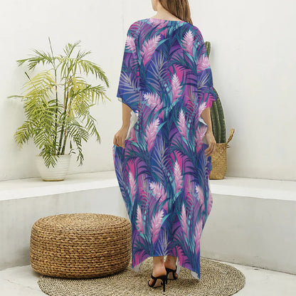 Teal And Pink Tropical Floral Print Silk V-Neck Kaftan Dress