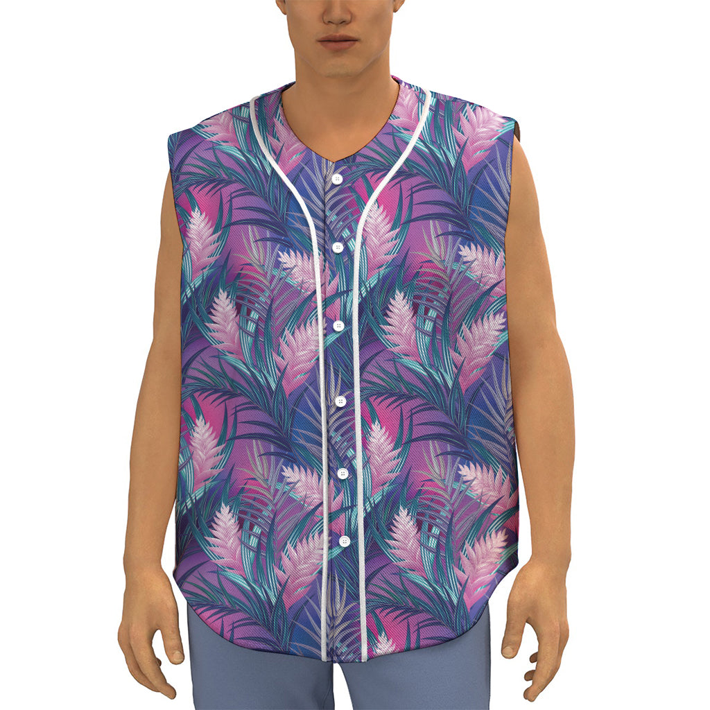 Teal And Pink Tropical Floral Print Sleeveless Baseball Jersey