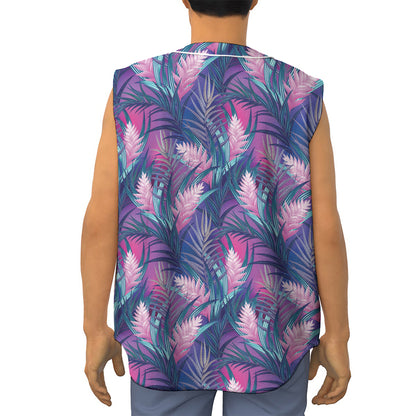 Teal And Pink Tropical Floral Print Sleeveless Baseball Jersey