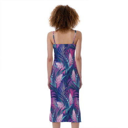 Teal And Pink Tropical Floral Print Slim Fit Midi Cami Dress