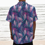 Teal And Pink Tropical Floral Print Textured Short Sleeve Shirt