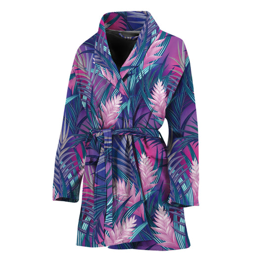 Teal And Pink Tropical Floral Print Women's Bathrobe