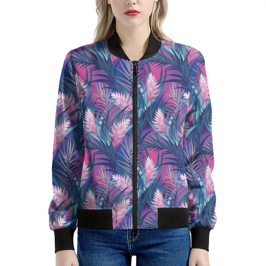 Teal And Pink Tropical Floral Print Women's Bomber Jacket