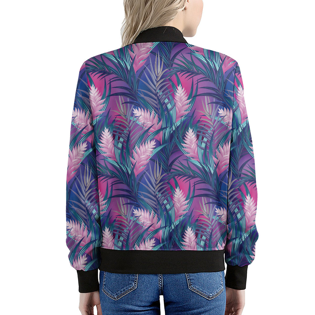 Teal And Pink Tropical Floral Print Women's Bomber Jacket