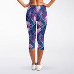 Teal And Pink Tropical Floral Print Women's Capri Leggings