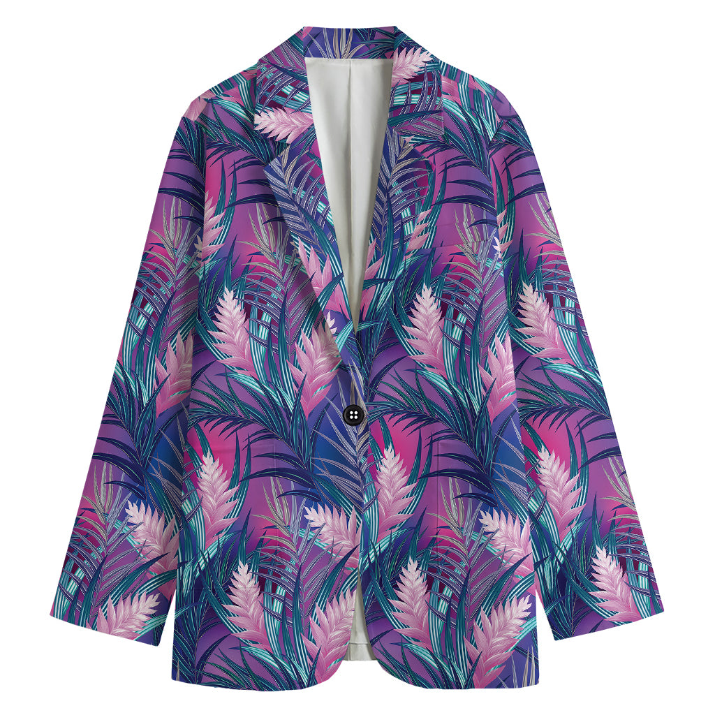 Teal And Pink Tropical Floral Print Women's Cotton Blazer