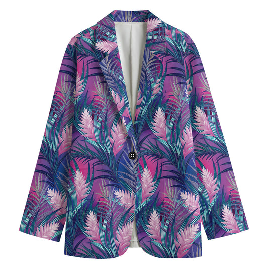Teal And Pink Tropical Floral Print Women's Cotton Blazer