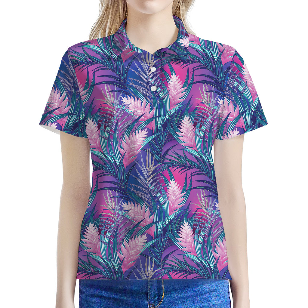 Teal And Pink Tropical Floral Print Women's Polo Shirt