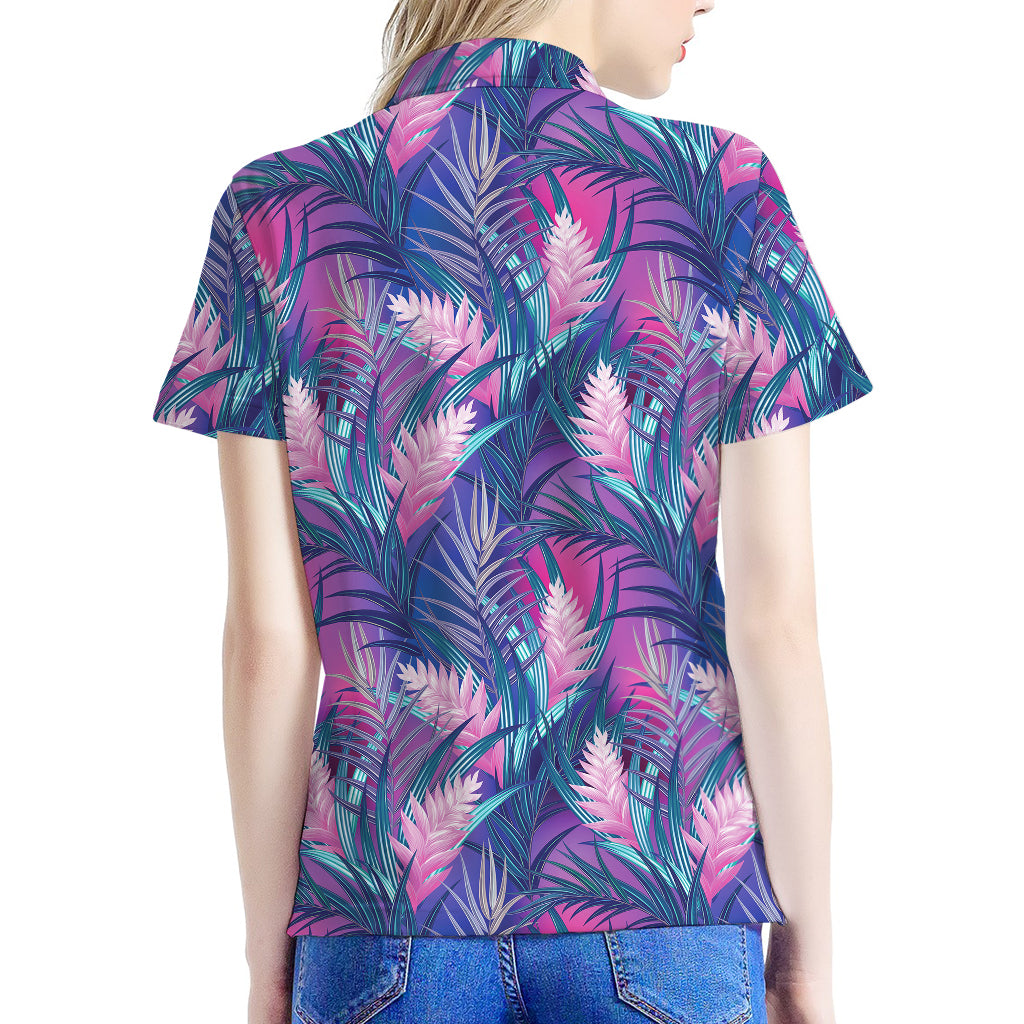 Teal And Pink Tropical Floral Print Women's Polo Shirt
