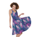 Teal And Pink Tropical Floral Print Sleeveless Knee Length Dress