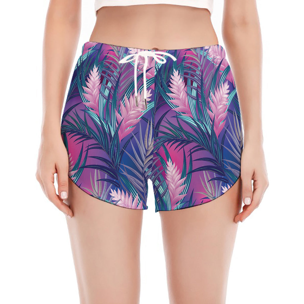 Teal And Pink Tropical Floral Print Women's Split Running Shorts