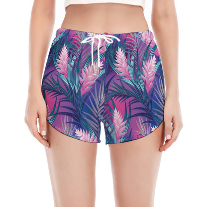 Teal And Pink Tropical Floral Print Women's Split Running Shorts
