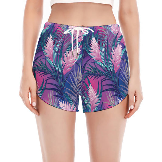 Teal And Pink Tropical Floral Print Women's Split Running Shorts