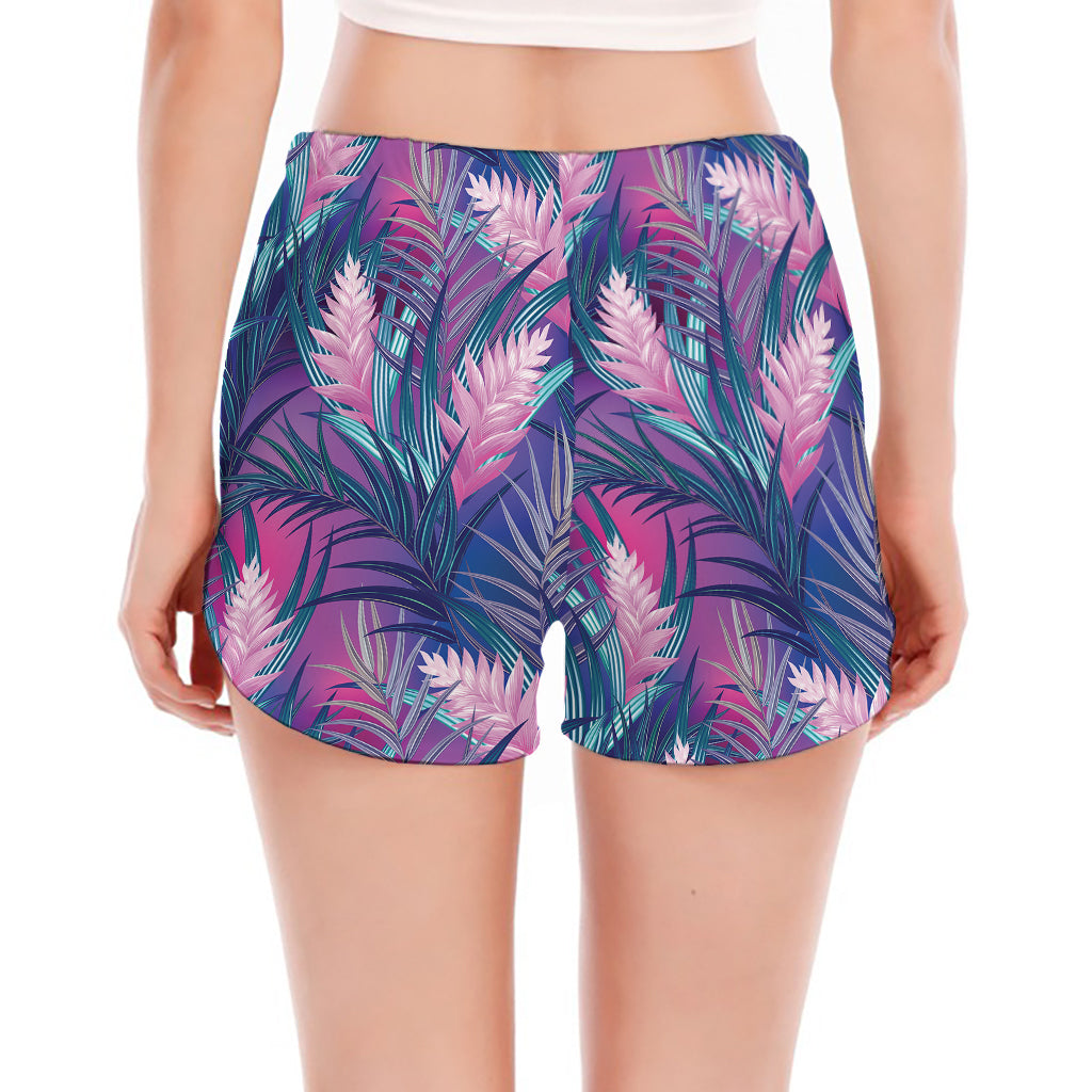 Teal And Pink Tropical Floral Print Women's Split Running Shorts