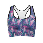 Teal And Pink Tropical Floral Print Women's Sports Bra