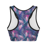 Teal And Pink Tropical Floral Print Women's Sports Bra