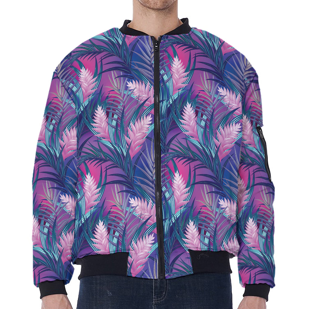 Teal And Pink Tropical Floral Print Zip Sleeve Bomber Jacket