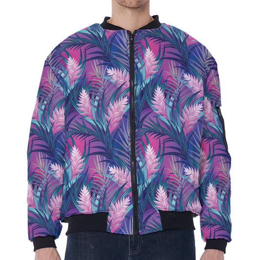 Teal And Pink Tropical Floral Print Zip Sleeve Bomber Jacket