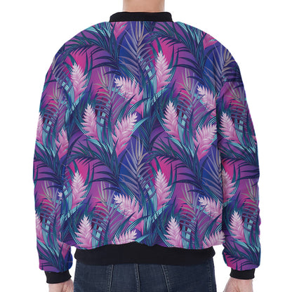 Teal And Pink Tropical Floral Print Zip Sleeve Bomber Jacket