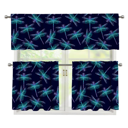 Teal And Purple Dragonfly Pattern Print 3 Piece Kitchen Curtains