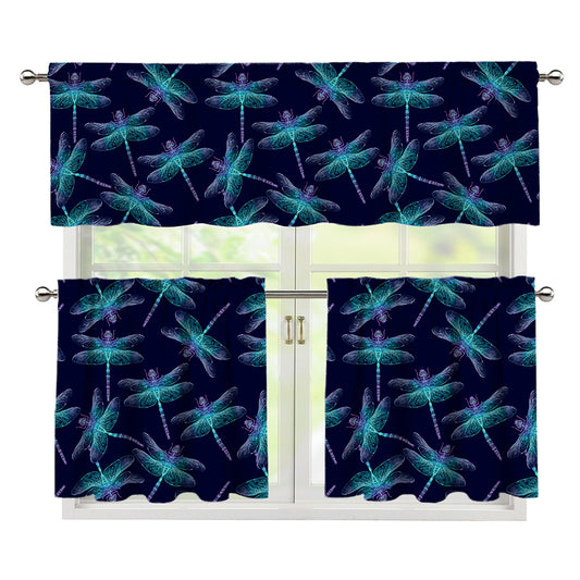 Teal And Purple Dragonfly Pattern Print 3 Piece Kitchen Curtains