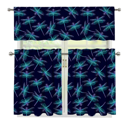 Teal And Purple Dragonfly Pattern Print 3 Piece Kitchen Curtains