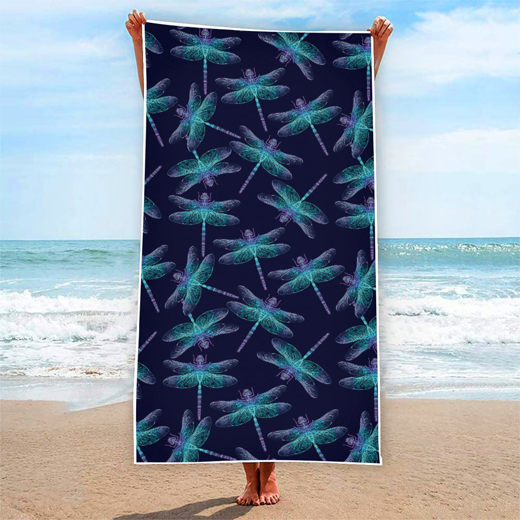 Teal And Purple Dragonfly Pattern Print Beach Towel