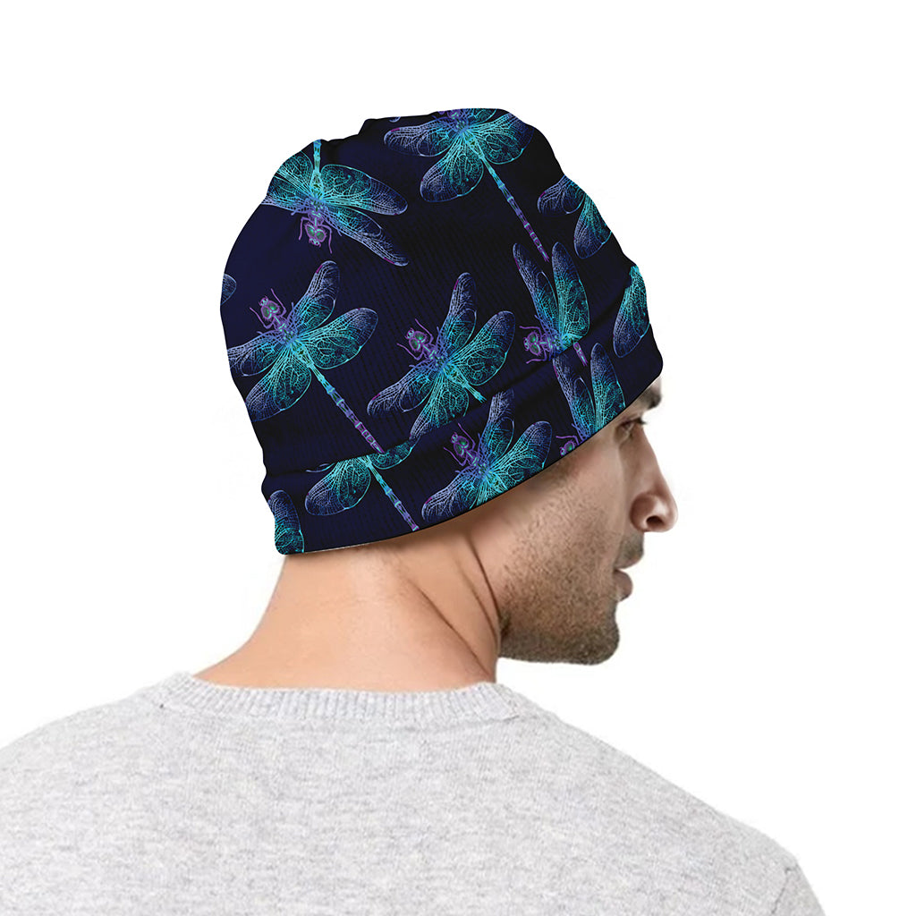 Teal And Purple Dragonfly Pattern Print Beanie