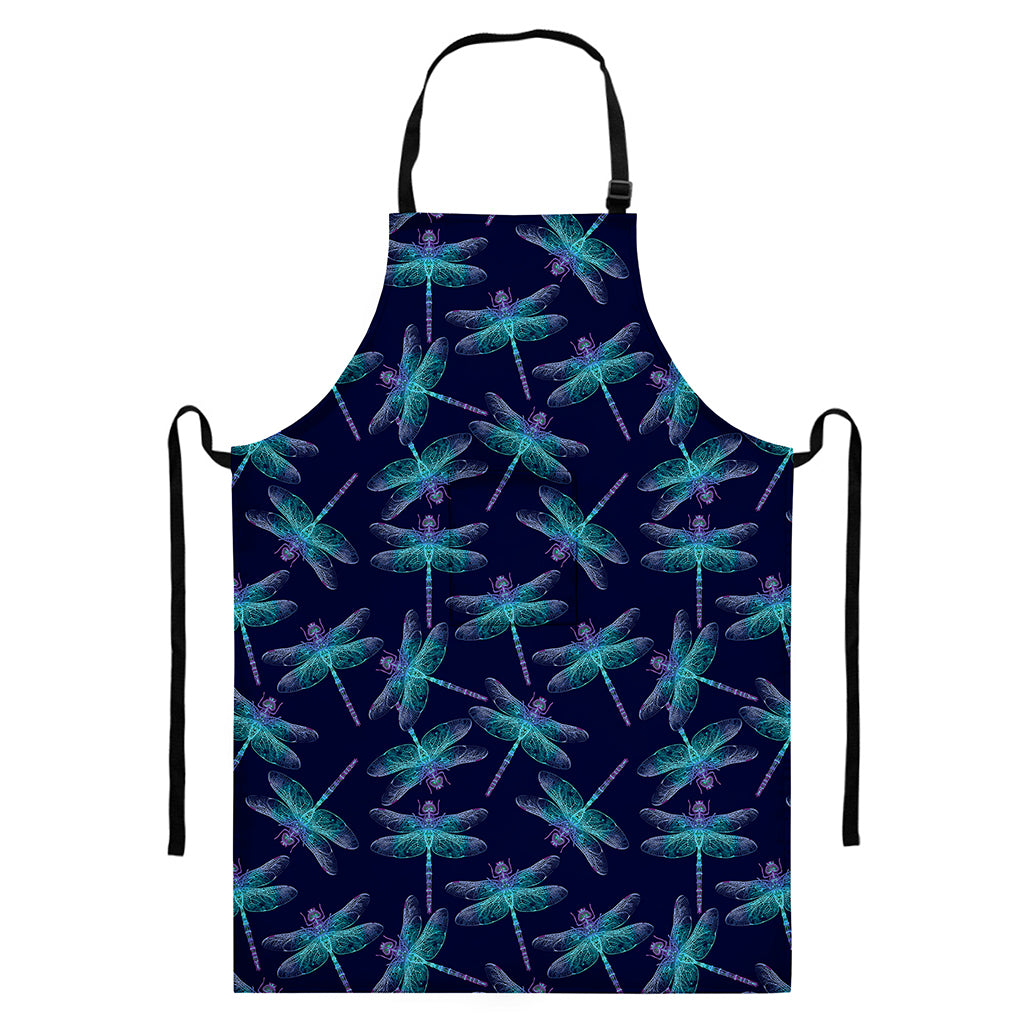 Teal And Purple Dragonfly Pattern Print Bib Apron With Pocket