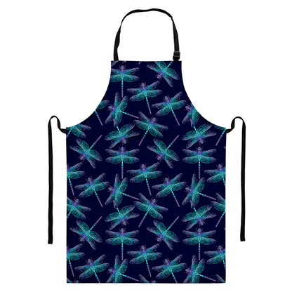 Teal And Purple Dragonfly Pattern Print Bib Apron With Pocket