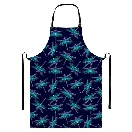 Teal And Purple Dragonfly Pattern Print Bib Apron With Pocket