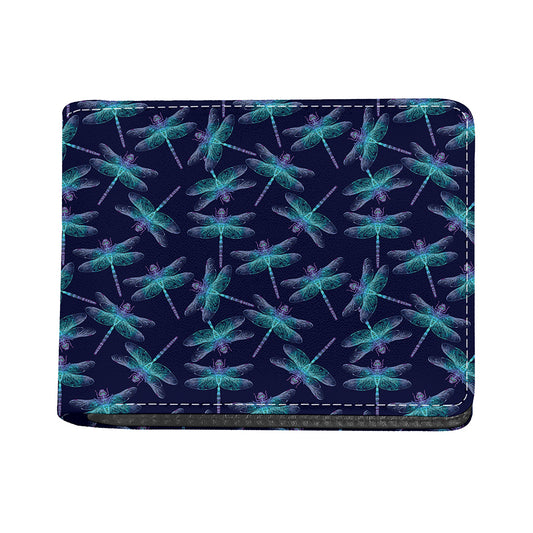 Teal And Purple Dragonfly Pattern Print Bifold Wallet