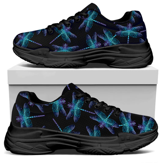Teal And Purple Dragonfly Pattern Print Black Chunky Shoes