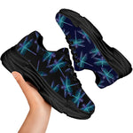 Teal And Purple Dragonfly Pattern Print Black Chunky Shoes