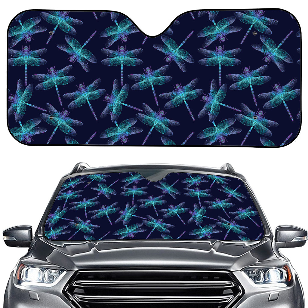 Teal And Purple Dragonfly Pattern Print Car Windshield Sun Shade