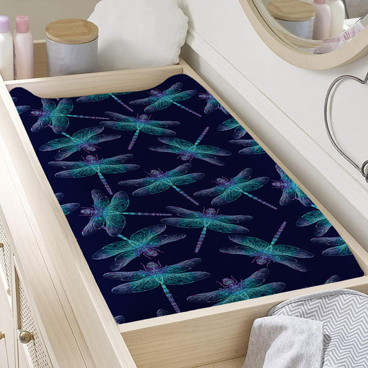 Teal And Purple Dragonfly Pattern Print Changing Pad Cover