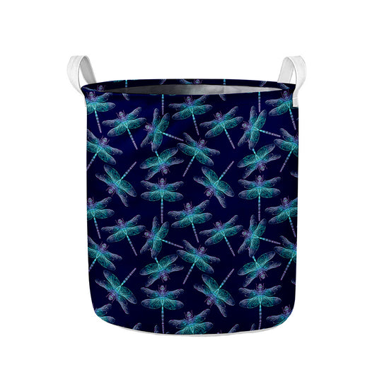 Teal And Purple Dragonfly Pattern Print Collapsible Laundry Basket