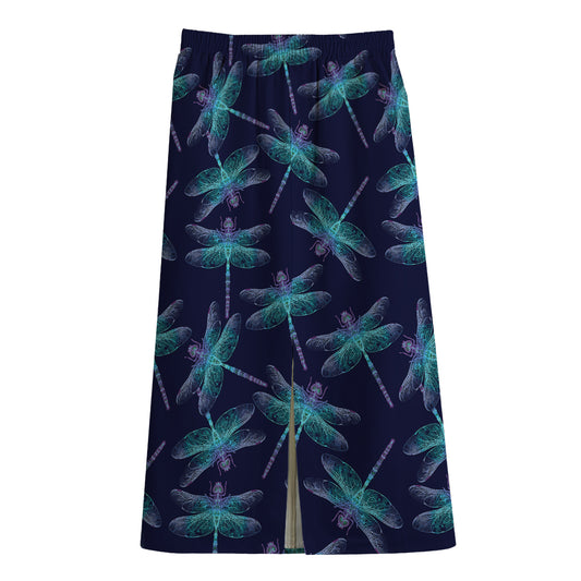 Teal And Purple Dragonfly Pattern Print Cotton Front Slit Maxi Skirt