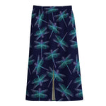 Teal And Purple Dragonfly Pattern Print Cotton Front Slit Maxi Skirt