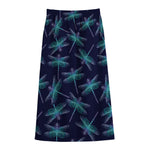 Teal And Purple Dragonfly Pattern Print Cotton Front Slit Maxi Skirt