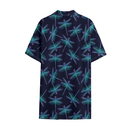 Teal And Purple Dragonfly Pattern Print Cotton Hawaiian Shirt
