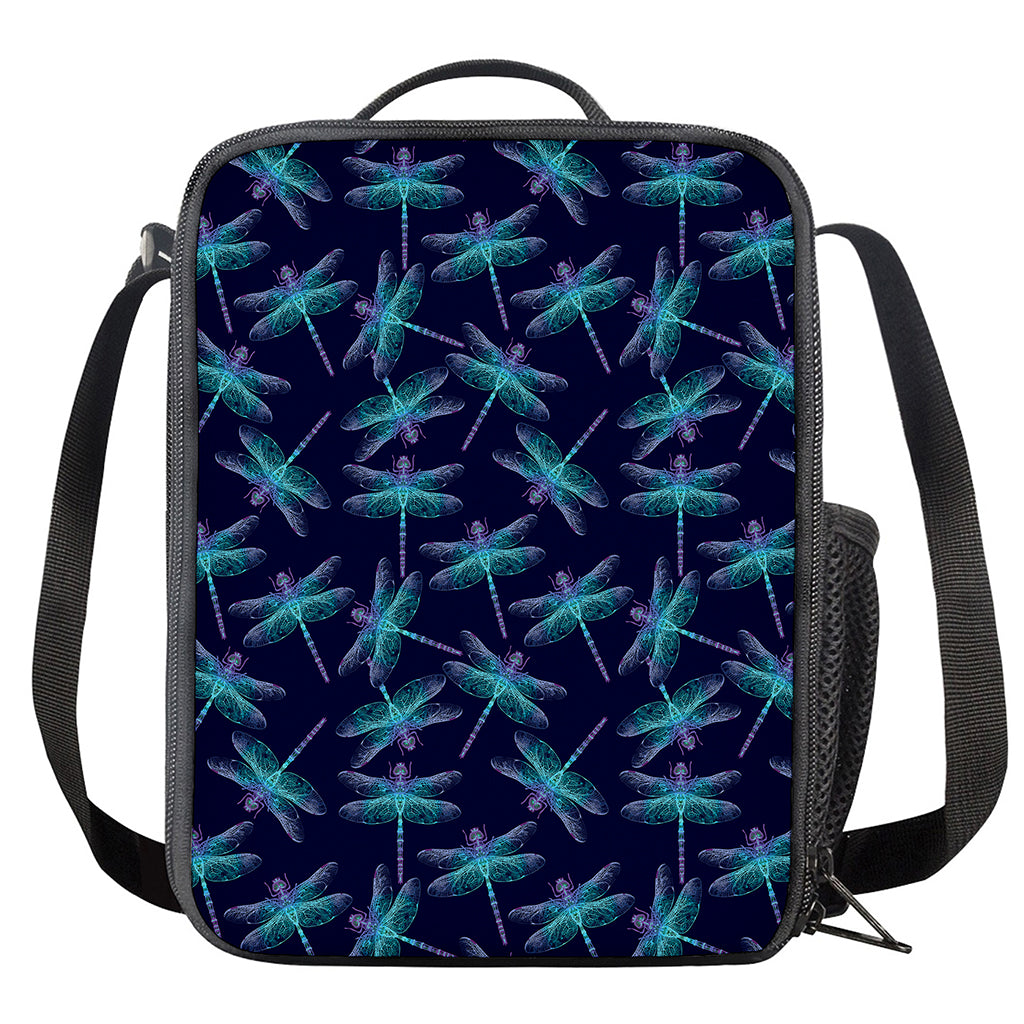 Teal And Purple Dragonfly Pattern Print Crossbody Lunch Bag